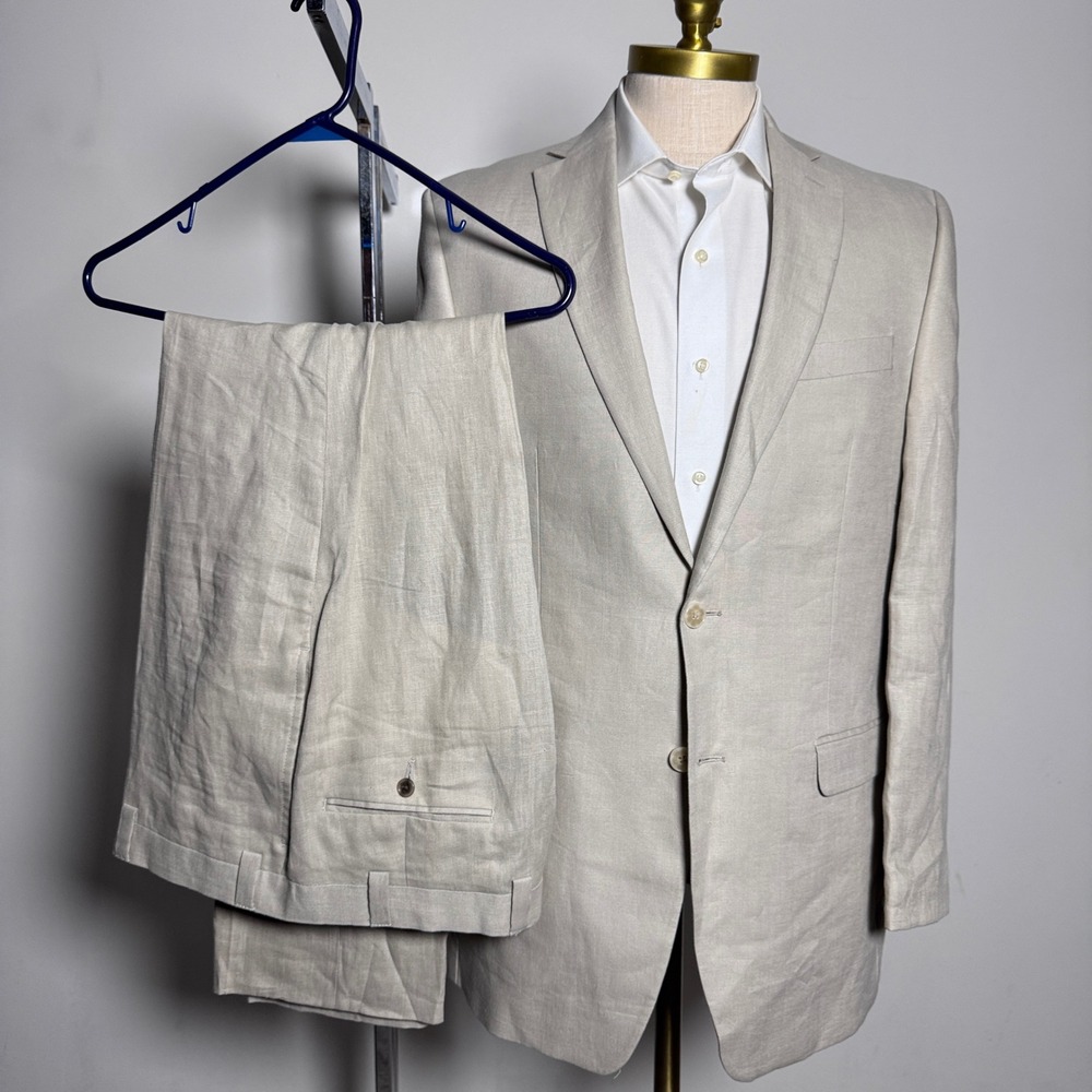 Calvin Klein Suit Mens 39L W34 L30 Beige Solid Linen 2-Button Notch Lapel